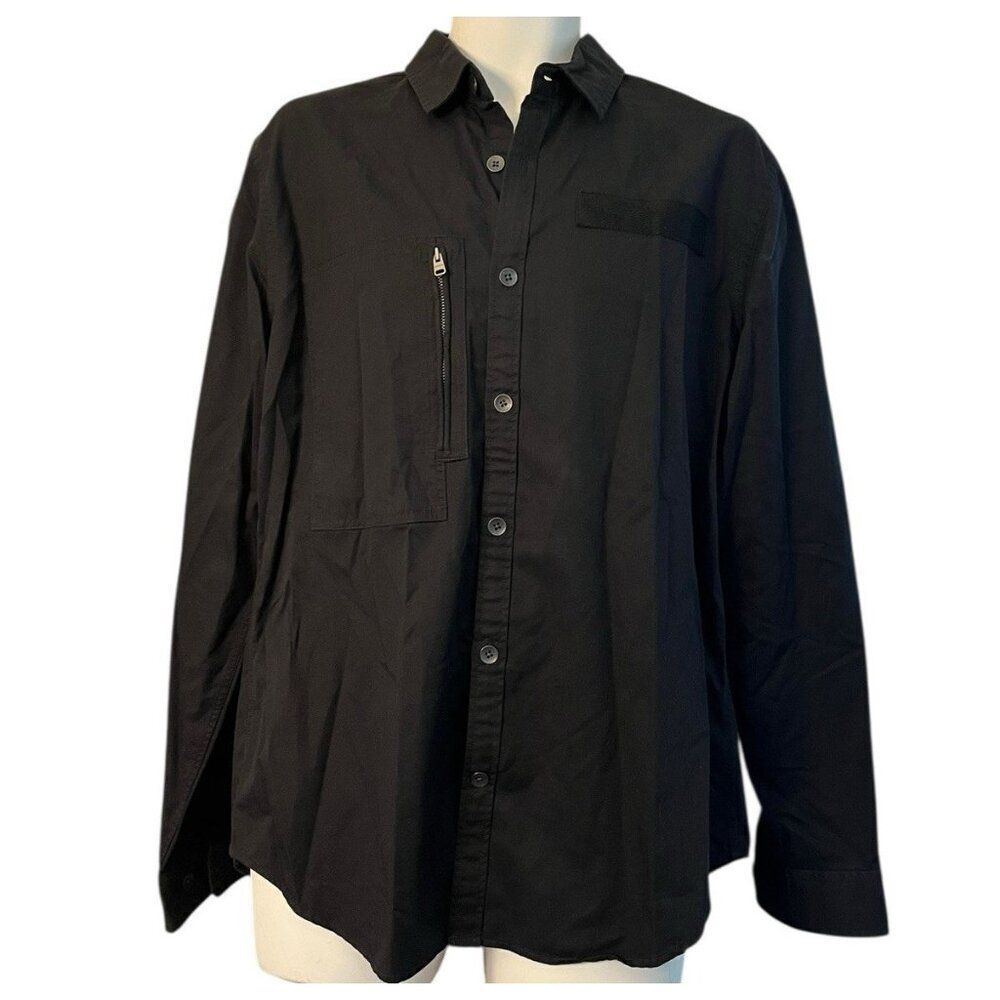 Express Mens Large Black Button Down Shirt Zipper Pocket Point Collar